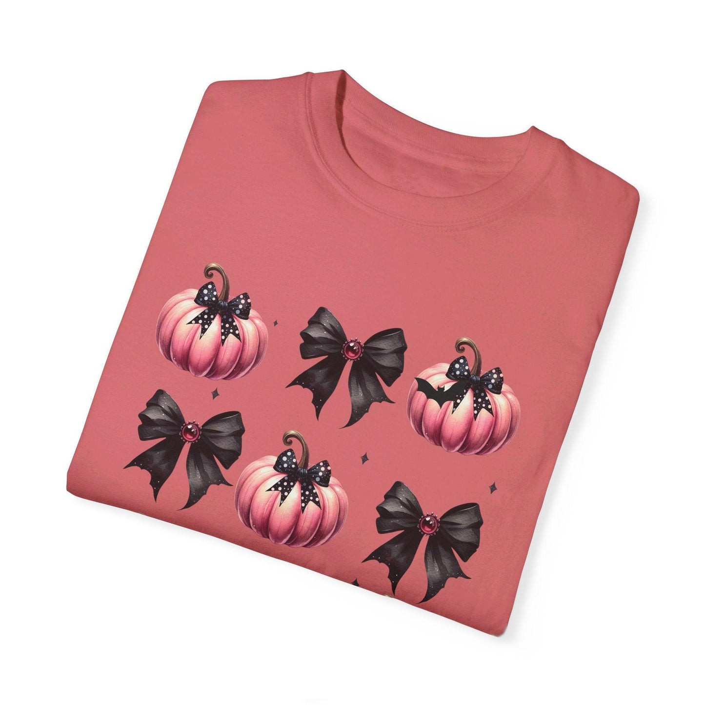 Coquette Halloween T-Shirt with Pink Pumpkins - Cosmic Creations by Karen