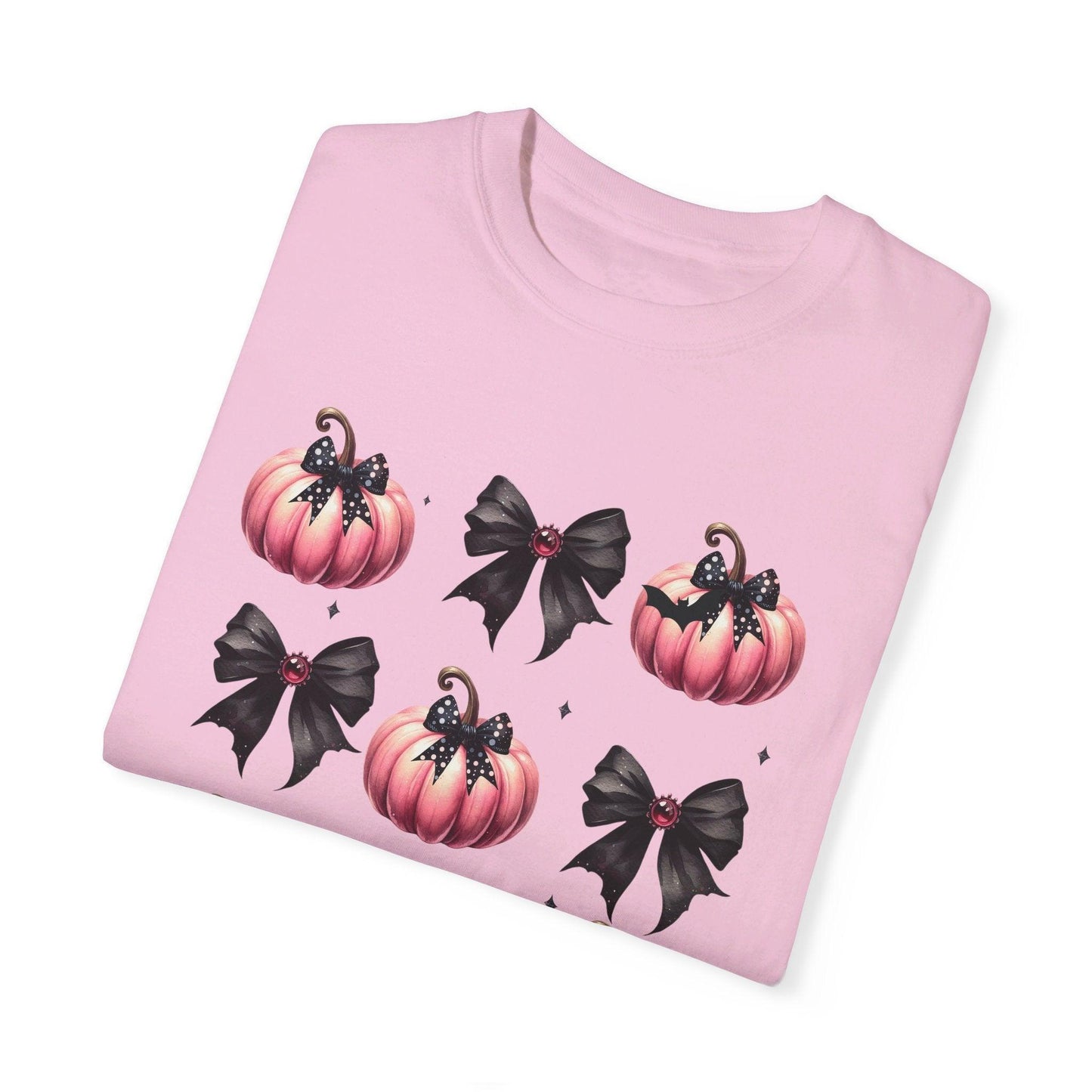 Coquette Halloween T-Shirt with Pink Pumpkins - Cosmic Creations by Karen