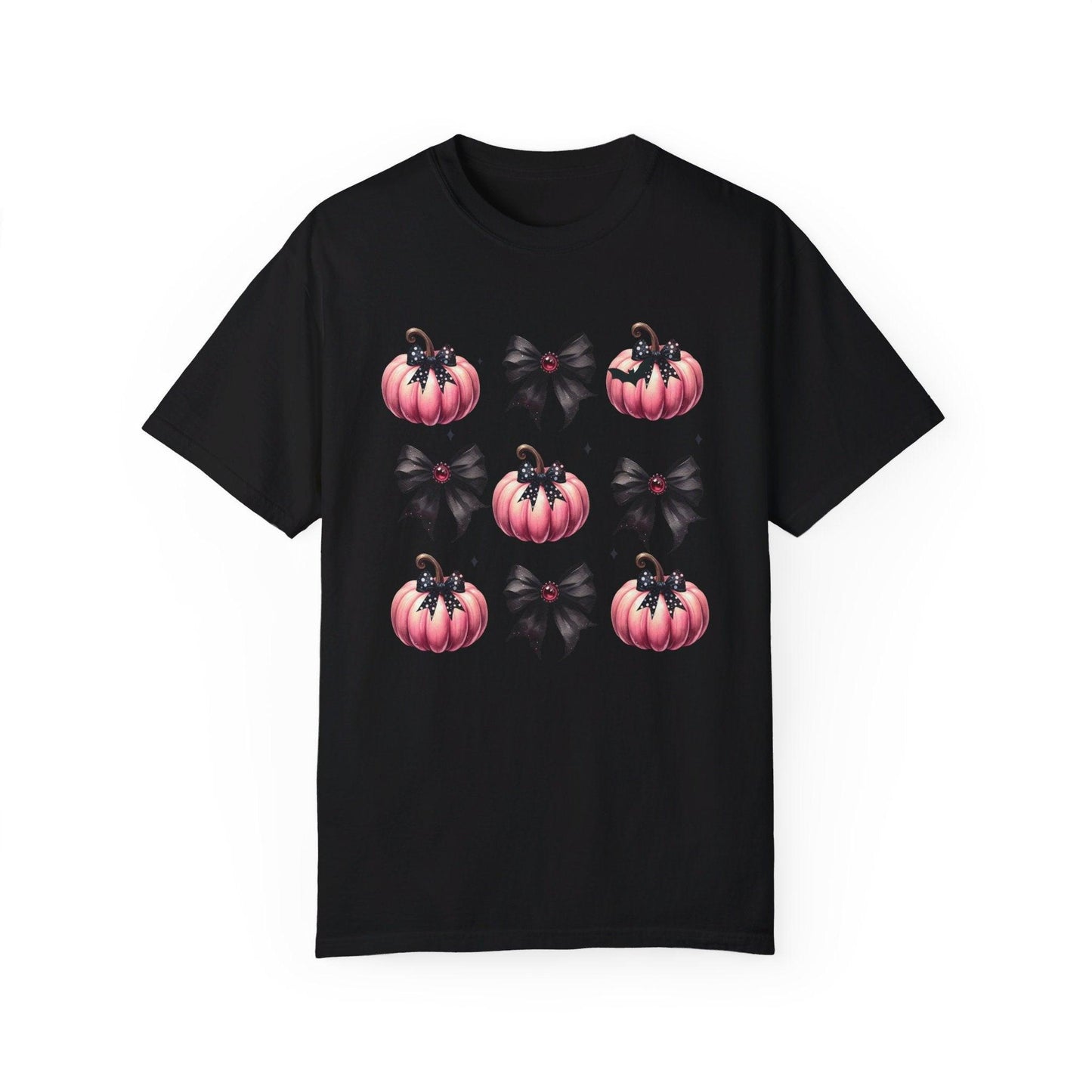 Coquette Halloween T-Shirt with Pink Pumpkins - Cosmic Creations by Karen