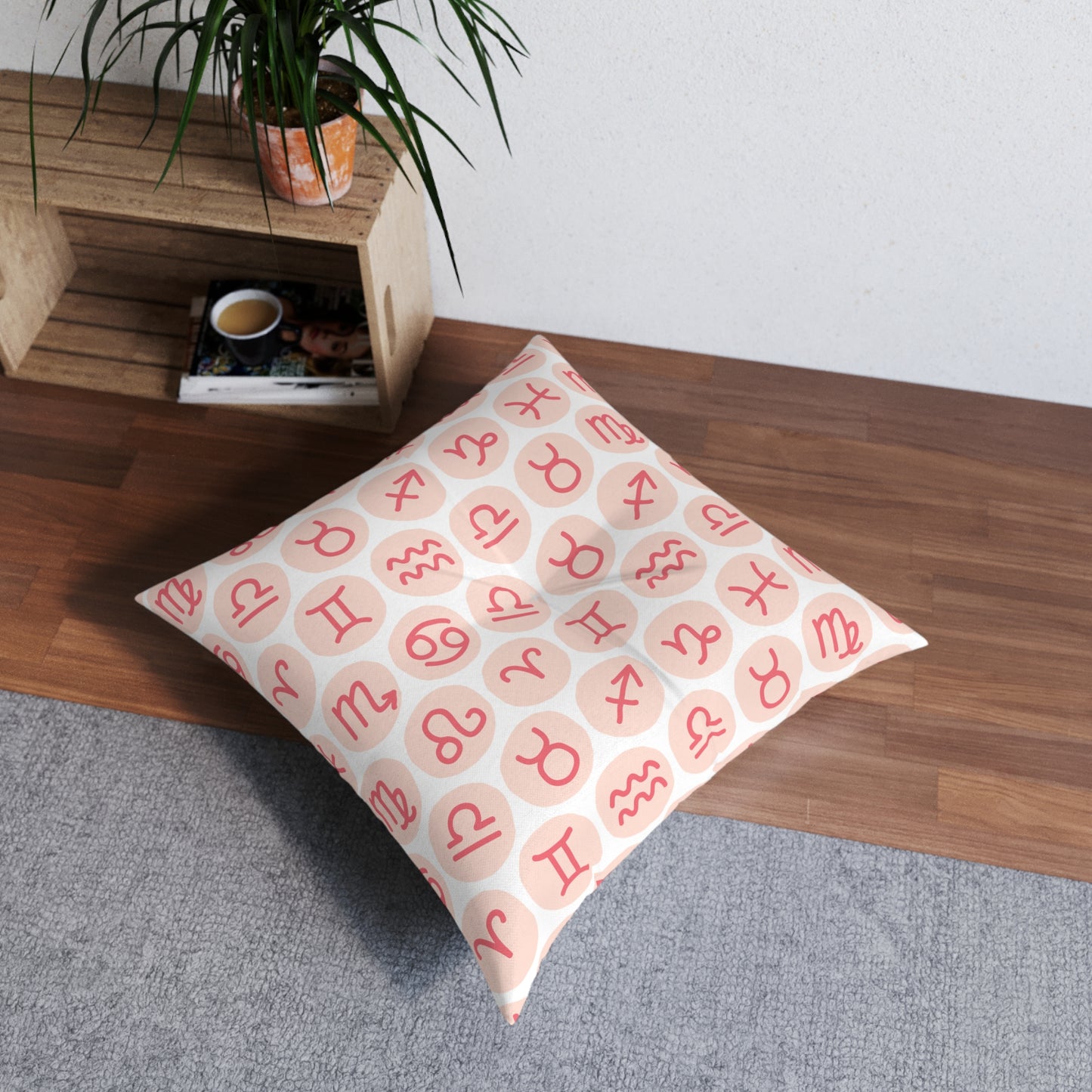 Tufted Floor Pillow, Square with Astrology Symbols Design