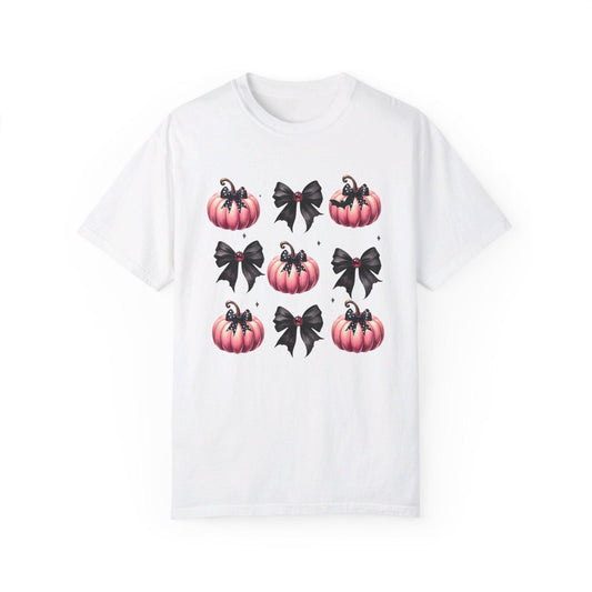 Coquette Halloween T-Shirt with Pink Pumpkins - Cosmic Creations by Karen